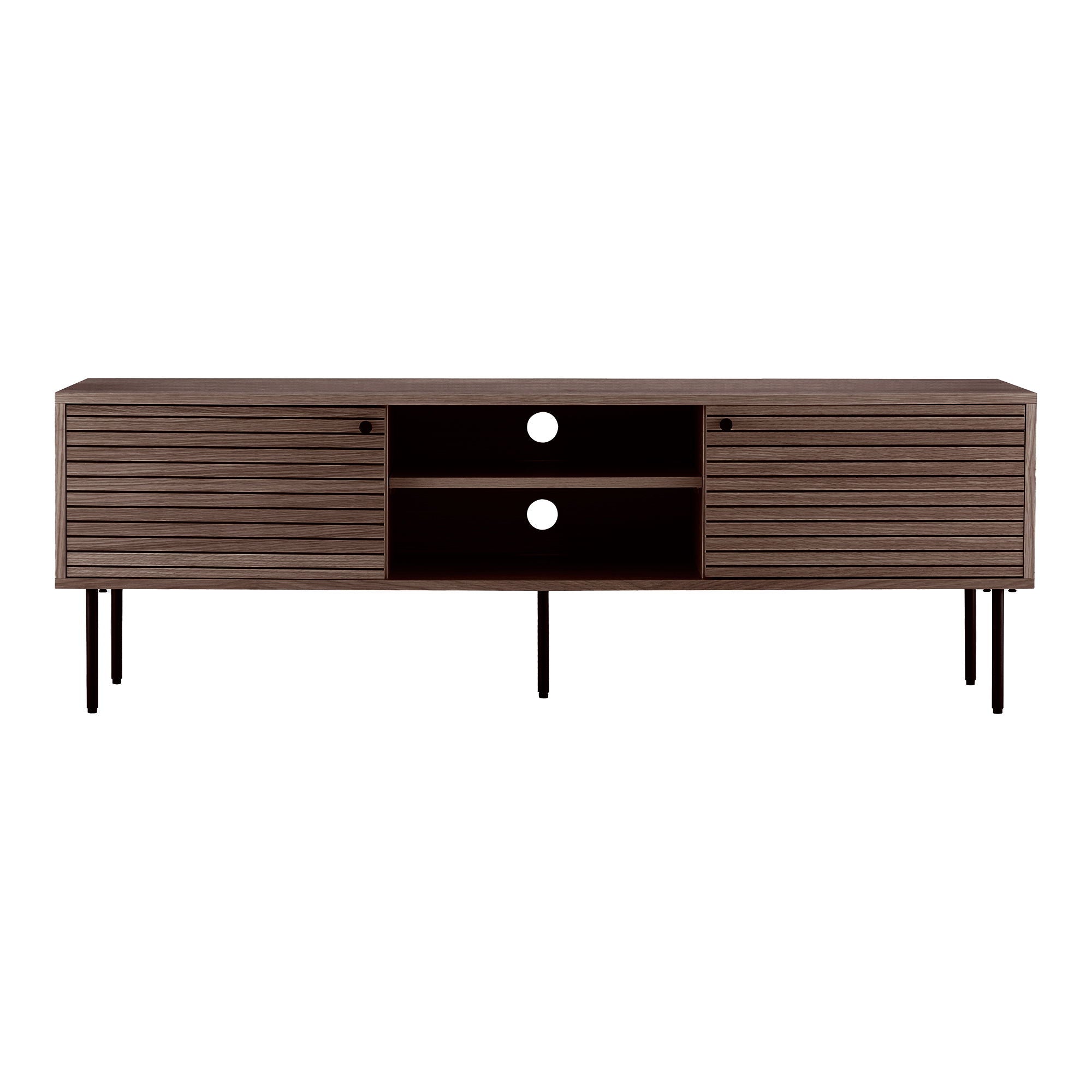 Kyoto – TV-Bank, 2 Türen, 2 Fächer, Eichenfurnier, schwarze Metallbeine, 150 × 40 × 50 cm